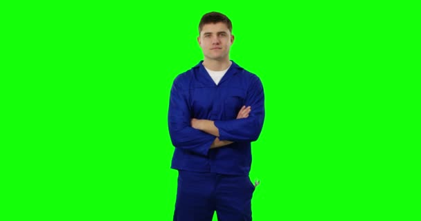 Front View Young Caucasian Handyman Wearing Blue Overalls Cap Smiling — Stock Video