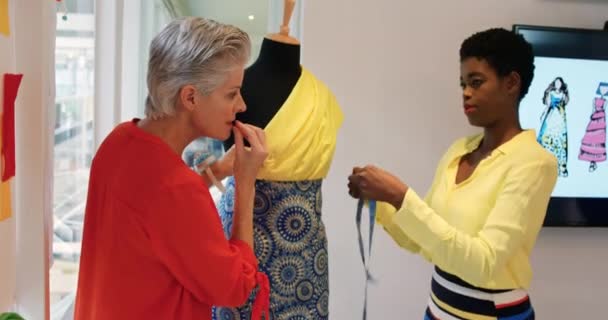 一个中年白人女性时尚创意者和一个年轻的非洲裔美国女性时尚创意者在现代办公室装扮一个假人的侧视图 — 图库视频影像