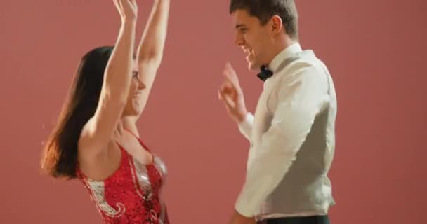 Side View Close Smartly Dressed Happy Young Caucasian Couple Dancing — Stock Video