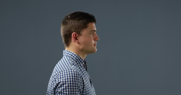 Side View Close Young Caucasian Man Wearing Checked Shirt Grey — Stock Video