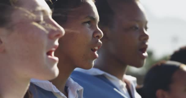 Seitenansicht Einer Mannschaft Junger Erwachsener Multiethnischer Rugbyspielerinnen Die Einer Reihe — Stockvideo