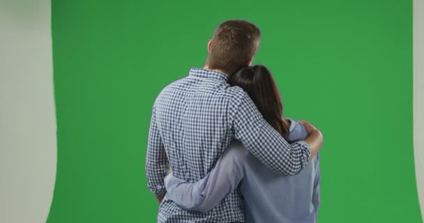 Rear View Young Caucasian Couple Looking Embracing Smiling Pointing Green — Stock Video