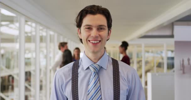 Portrait Close Young Caucasian Businessman Looking Camera Smiling Standing Foyer — Stock Video