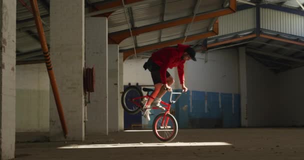 버려진 창고에서 트릭을 연습하는 햇빛의 샤프트에 Bmx 자전거의 바퀴에 남자의 — 비디오