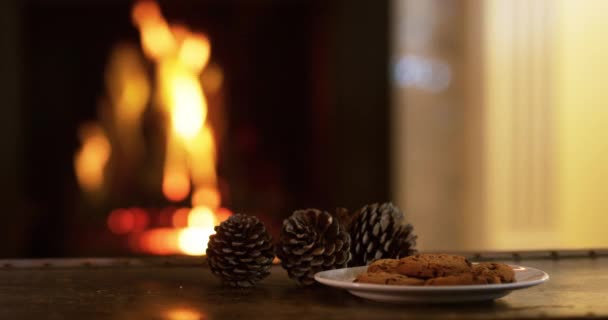 Noel Oturma Odasında Bir Bardak Sütü Bir Tabak Kurabiyenin Yanındaki — Stok video