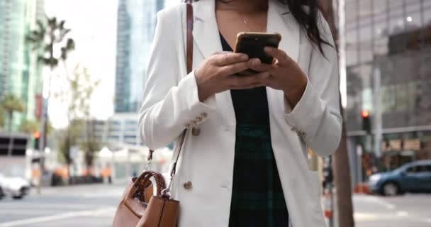Şehir Caddesinde Yürürken Akıllı Telefon Kullanan Mesajlaşan Zarif Bir Asyalı — Stok video