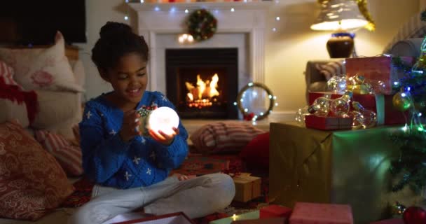 Front View Young Mixed Race Girl Her Sitting Room Christmas — Stock Video