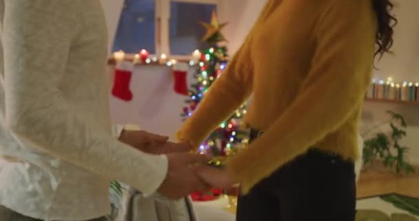 一个年轻的男女混血种族手牵手拥抱在客厅里的侧视图 背景是一棵装饰过的圣诞树 — 图库视频影像