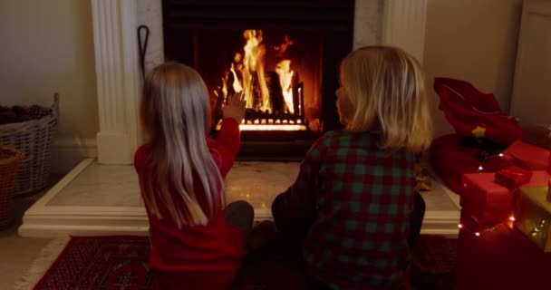 Bakifrån Unga Kaukasiska Bror Och Syster Sitter Vid Eldstaden Värmer — Stockvideo