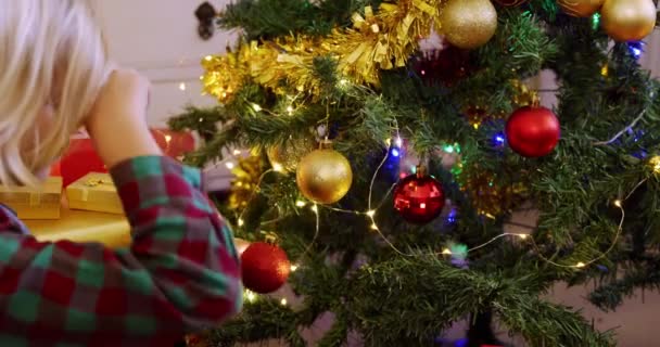 Vista Lateral Cerca Niño Caucásico Joven Decorando Árbol Navidad Sala — Vídeo de stock