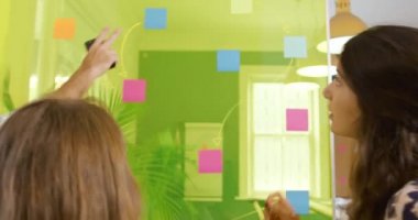 Bin yıllık beyaz bir adam ve iki kadının, yaratıcı bir işte çalışırken, üzerinde yapışkan notlar olan bir kurul tarafından beyin fırtınası yaptıkları arka plan görüntüsü.