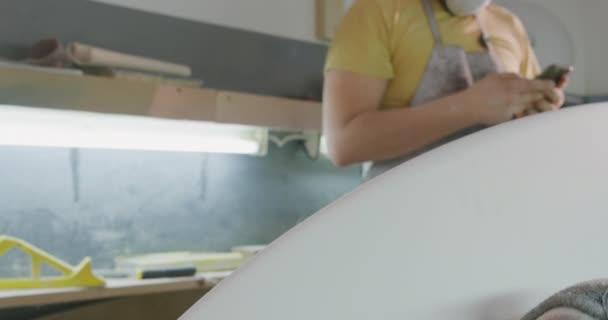 Side View Millennial Caucasian Male Surfboard Maker His Studio Wearing — Stock Video