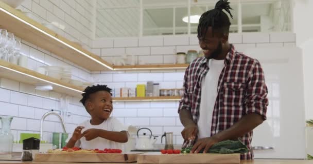 一个面带微笑的千年非洲裔美国父亲和他年幼的儿子在厨房里一起做饭 切蔬菜 慢动作 — 图库视频影像