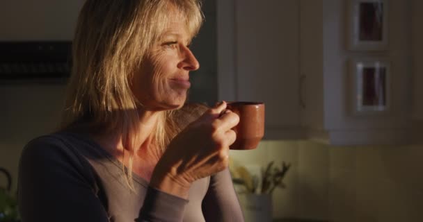 Side View Close Caucasian Woman Drinking Cup Coffee Home Standing — Stockvideo