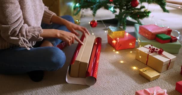 High Angle View Mixed Race Woman Her Sitting Room Christmas — Stock Video