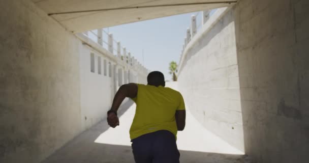 Bakre Syn Atletisk Afroamerikansk Man Sportkläder Som Springer Gångtunnel Solig — Stockvideo