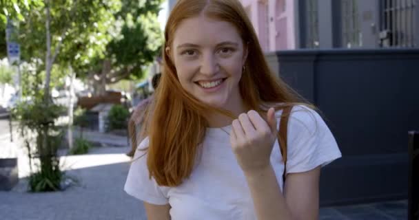 Portrait Close Young Caucasian Woman Long Red Hair Walking Sunny — Stock Video