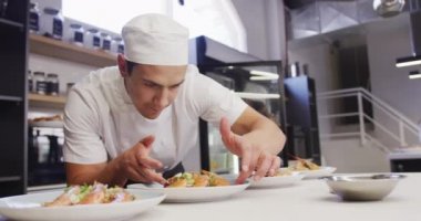 Lokanta mutfağında aşçı beyazı giyen profesyonel bir ırk aşçısı ağır çekimde yemek hazırlıyor.