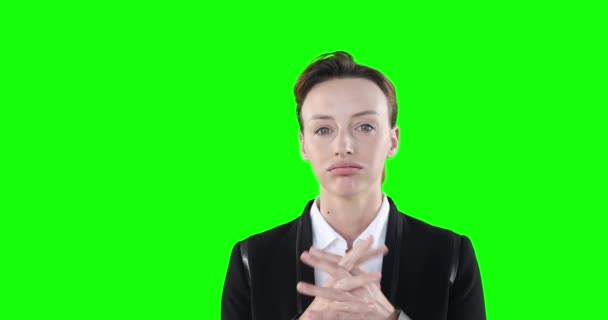 Porträtt Orolig Attraktiv Kaukasisk Kvinna Med Brunt Hår Klädd Smarta — Stockvideo