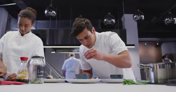 Professionele Blanke Mannelijke Chef Kok Draagt Chefs Blanken Een Restaurant — Stockvideo