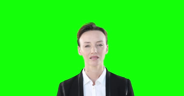 Porträtt Omtänksam Attraktiv Vit Kvinna Med Brunt Hår Bär Smarta — Stockvideo