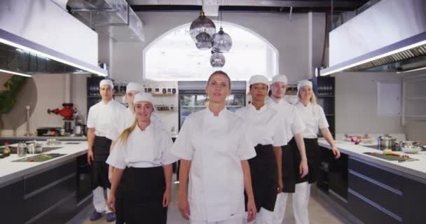 Retrato Grupo Chefs Multiétnicos Profissionais Vestindo Chefs Brancos Uma Cozinha — Vídeo de Stock