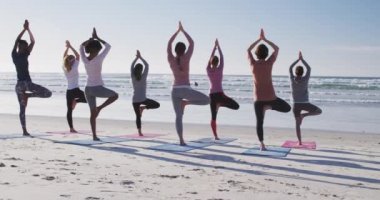Çok ırklı bir grup kız arkadaş güneşli bir günde kumsalda egzersiz yapıyor yoga yapıyor, yoga pozisyonunda geriniyor..