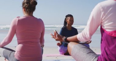 Çok ırklı bir grup bayan arkadaş güneşli bir günde kumsalda egzersiz yapmaktan zevk alıyor, yoga yapıyor, meditasyon yapıyor.