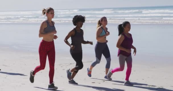 Багатоетнічна Група Жінок Друзів Насолоджується Фізичними Вправами Пляжі Сонячний День — стокове відео
