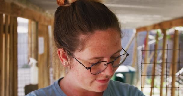 Портрет Белой Женщины Волонтера Очках Синей Форме Приюте Животных Улыбающейся — стоковое видео