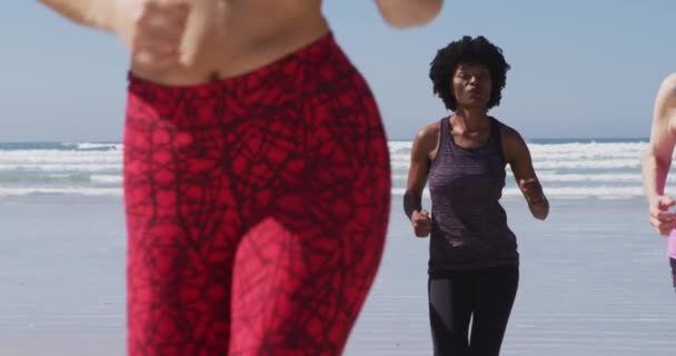 Grupo Multiétnico Amigas Disfrutando Hacer Ejercicio Una Playa Día Soleado — Vídeo de stock