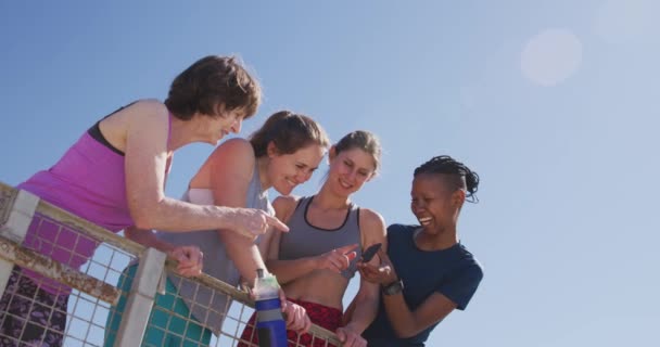 晴れた日にビーチで運動を楽しんでいる多民族の女性の友人のグループ 遊歩道にジョギングした後立って休憩 彼女のスマートフォンを保持している女性 彼女の友人にそれを示します — ストック動画