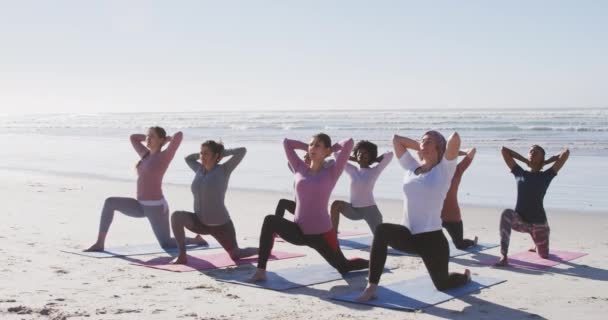 Багатоетнічна Група Друзів Які Насолоджуються Фізичними Вправами Пляжі Сонячний День — стокове відео