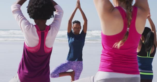 Grupo Multiétnico Amigas Que Disfrutan Haciendo Ejercicio Una Playa Día — Vídeos de Stock