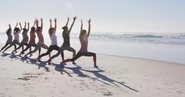 Gruppo Multietnico Amiche Che Esercitano Una Spiaggia Una Giornata Sole — Video Stock