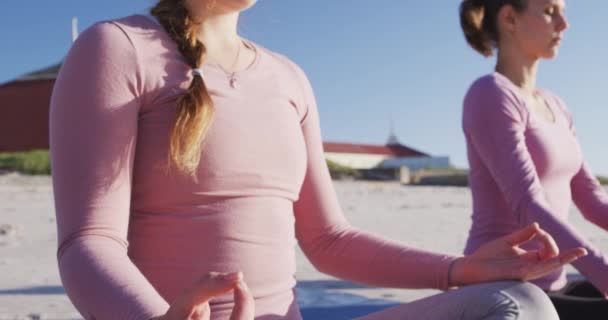 Grupo Multiétnico Amigas Que Disfrutan Haciendo Ejercicio Una Playa Día — Vídeo de stock