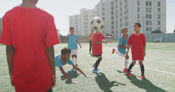 Multi Etnische Groep Van Twee Kinderen Teams Voetballen Een Groene — Stockvideo