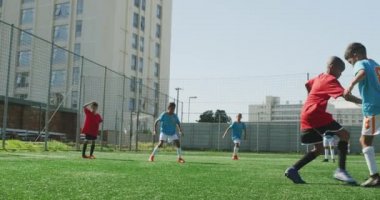 Güneşli bir günde, yeşil bir futbol sahasında futbol oynayan iki çocuk takımından oluşan çok ırklı bir grup.