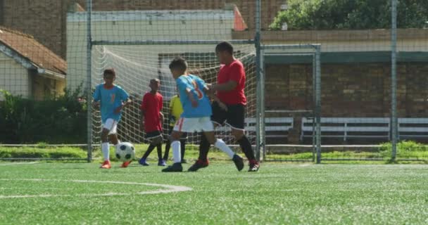 緑のサッカーピッチでサッカーをしている2人の子供たちの多民族グループは 晴れた日には 通過し — ストック動画