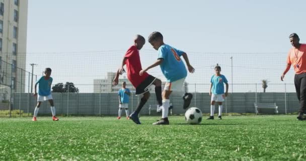 Grupo Multiétnico Dos Equipos Niños Jugando Fútbol Campo Fútbol Verde — Vídeo de stock