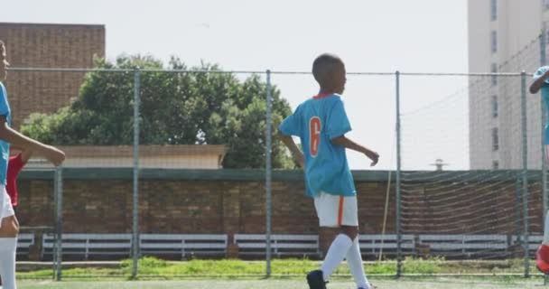 Multietnisk Grupp Med Två Barnlag Som Spelar Fotboll Grön Fotbollsplan — Stockvideo