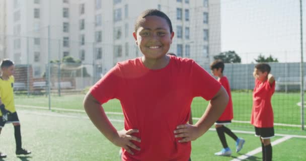 赤いTシャツを着て緑のサッカーピッチに立ってカメラを見て微笑んだアフリカ系アメリカ人の少年の肖像画 — ストック動画