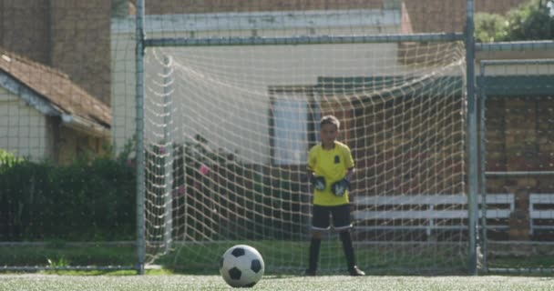 チームストリップを身に着けている少年サッカー選手の多民族グループは 競技場でサッカーの試合中に行動し 1人の少年はゴールを目指してショットを撮る — ストック動画