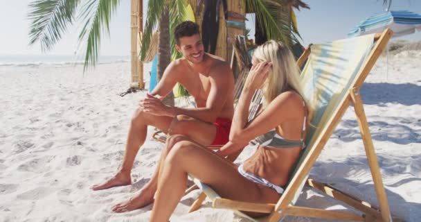 Casal Caucasiano Desfrutando Tempo Praia Sentado Espreguiçadeiras Por Uma Palmeira — Vídeo de Stock