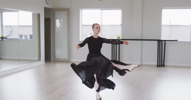 Caucasian Female Ballet Dancer Wearing Black Dress Practicing Ballet Dance — Stock Video