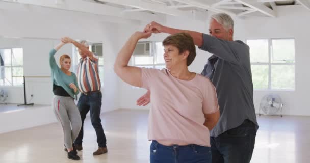 Two Happy Caucasian Senior Couples Spending Time Together Ballroom Taking — Stock Video