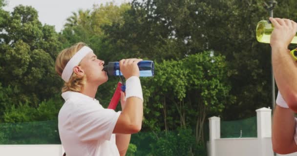 Caucasian Mixed Race Men Wearing Tennis Whites Spending Time Court — Stock Video