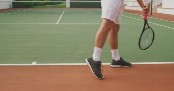 混血儿一种混血儿 身穿网球白人球衣 在阳光灿烂的日子打网球 拿着网球拍 慢动作地打网球 — 图库视频影像