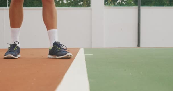 Low Section Caucasian Man Wearing Tennis Whites Spending Time Court — Stock Video