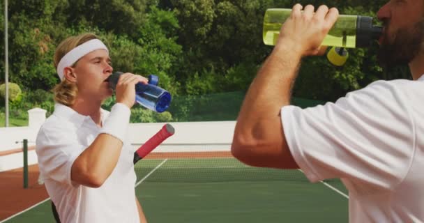 Caucasian Mixed Race Men Wearing Tennis Whites Spending Time Court — Stock Video